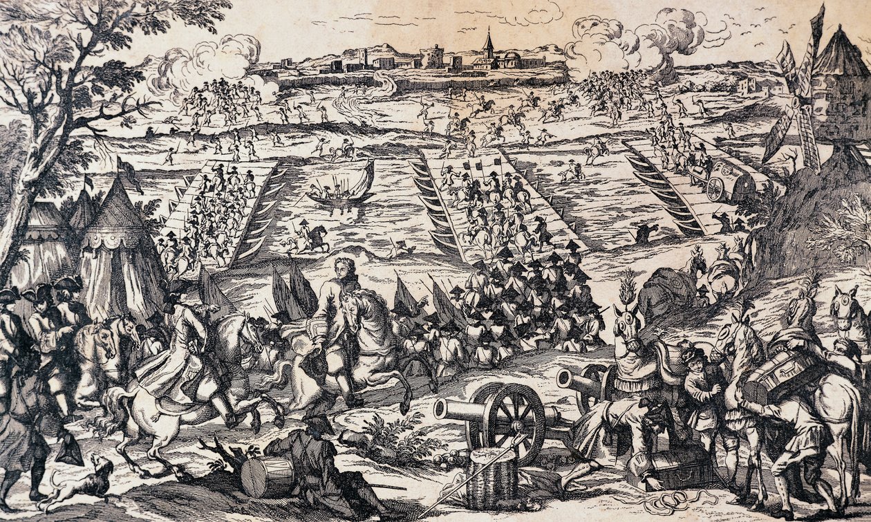 Louis XVs hær krysser Rhinen og angriper forsvarslinjen ved Ettlingen, 1.-4. mai av Nicolas Toussaint Charlet