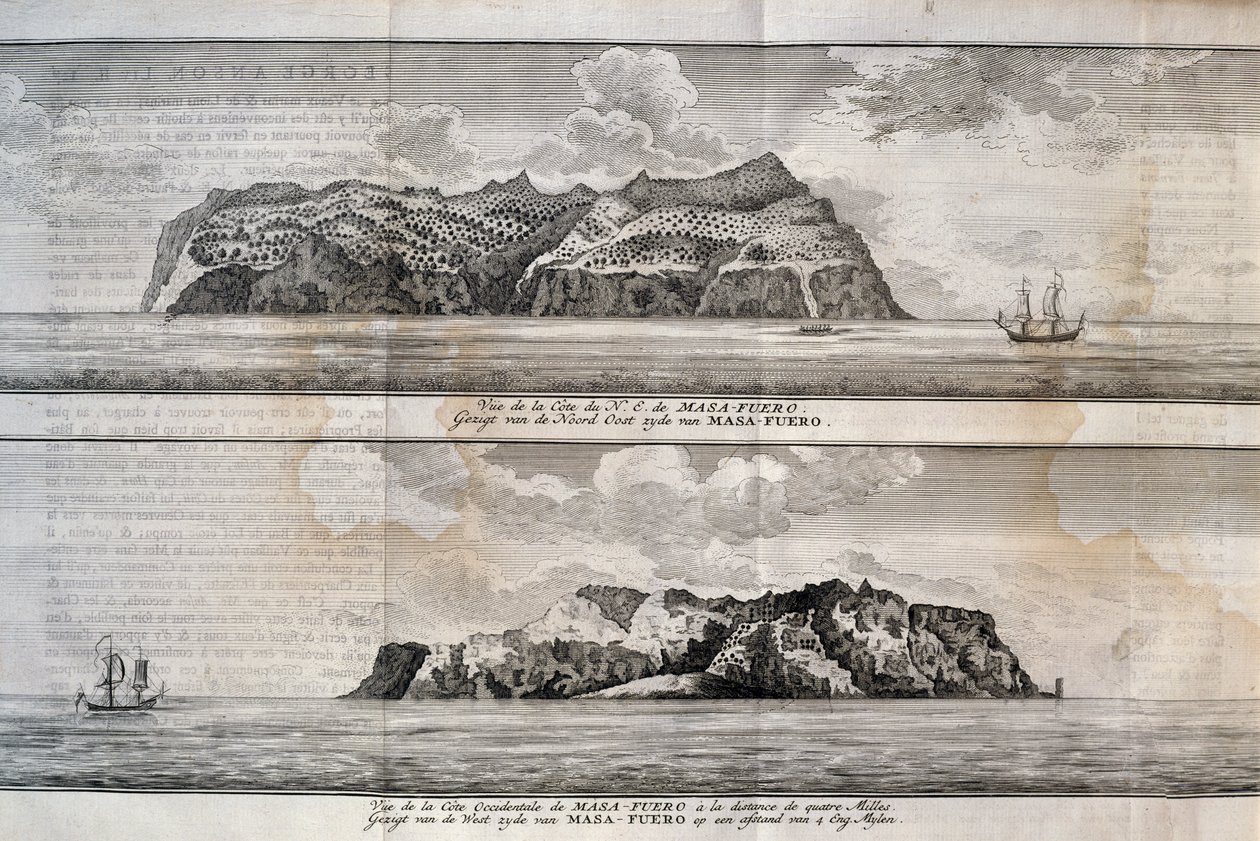 Utsikt over Alejandro Selkirk Island eller Mas Afuera Island, Juan Fernandez Archipelago, Chile, gravering av Nicolas Toussaint Charlet