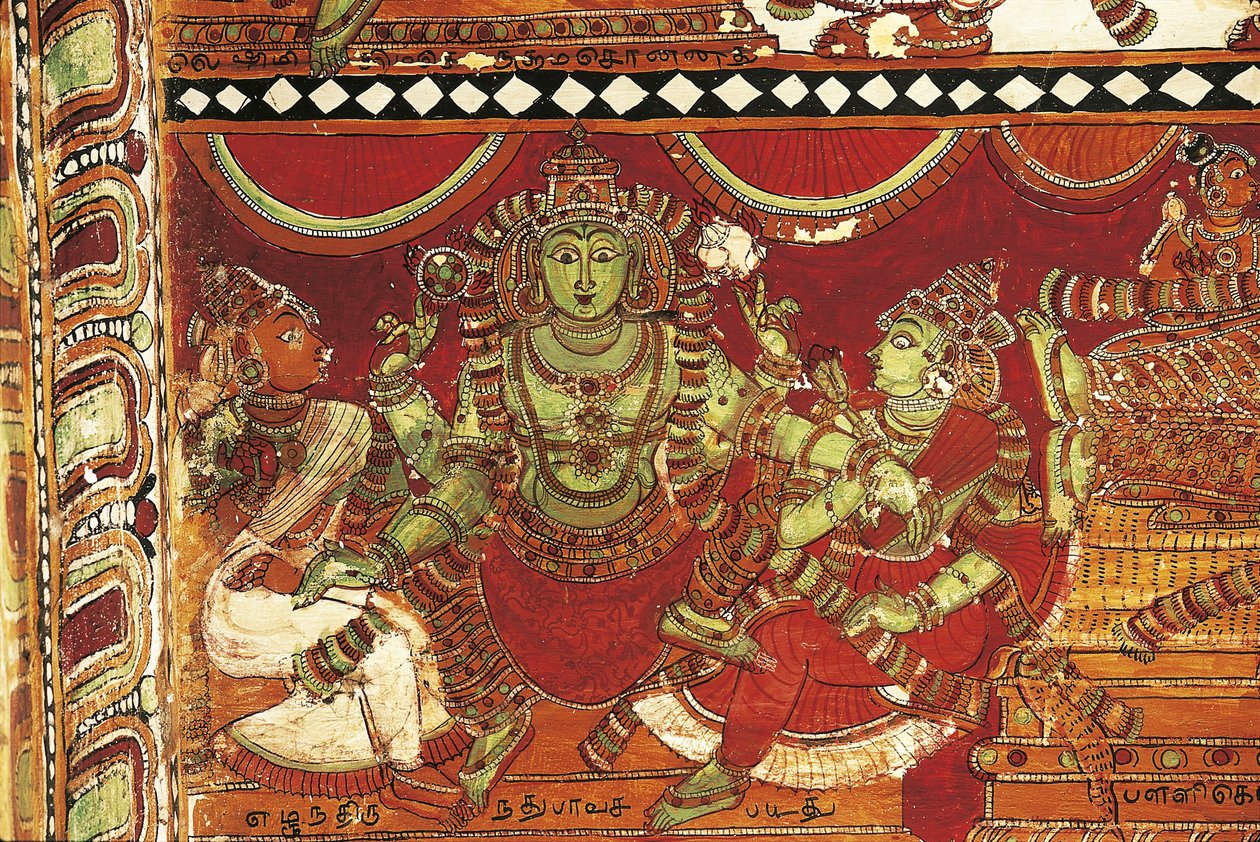 Visnu, detalj fra fresker som skildrer livet til Shiva i helligdommen for Parvati, Nataraya-tempelet, Chidambaram, Tamil Nadu, India, 500-tallet av Nicolas Toussaint Charlet