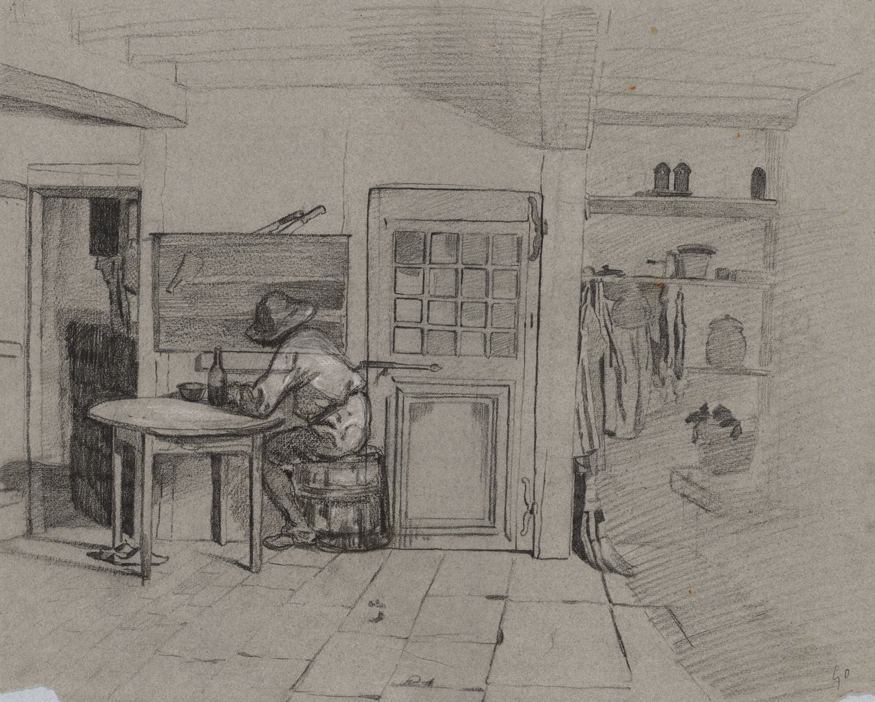Et gårdshusinteriør med en gutt ved et bord av Alexandre Gabriel Decamps