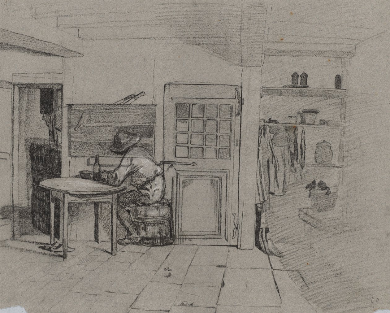 Et gårdshusinteriør med en gutt ved et bord, ca. 1846. av Alexandre Gabriel Decamps