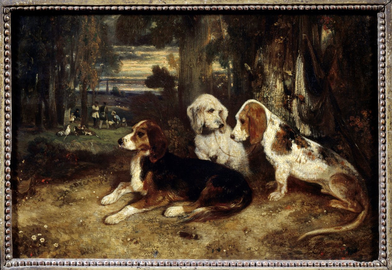 Jakthunder i ro Maleri av Alexandre Gabriel Decamps (1803-1860) 1839 Søn. 0,26x0,37 m Paris, Musée du Louvre. av Alexandre Gabriel Decamps
