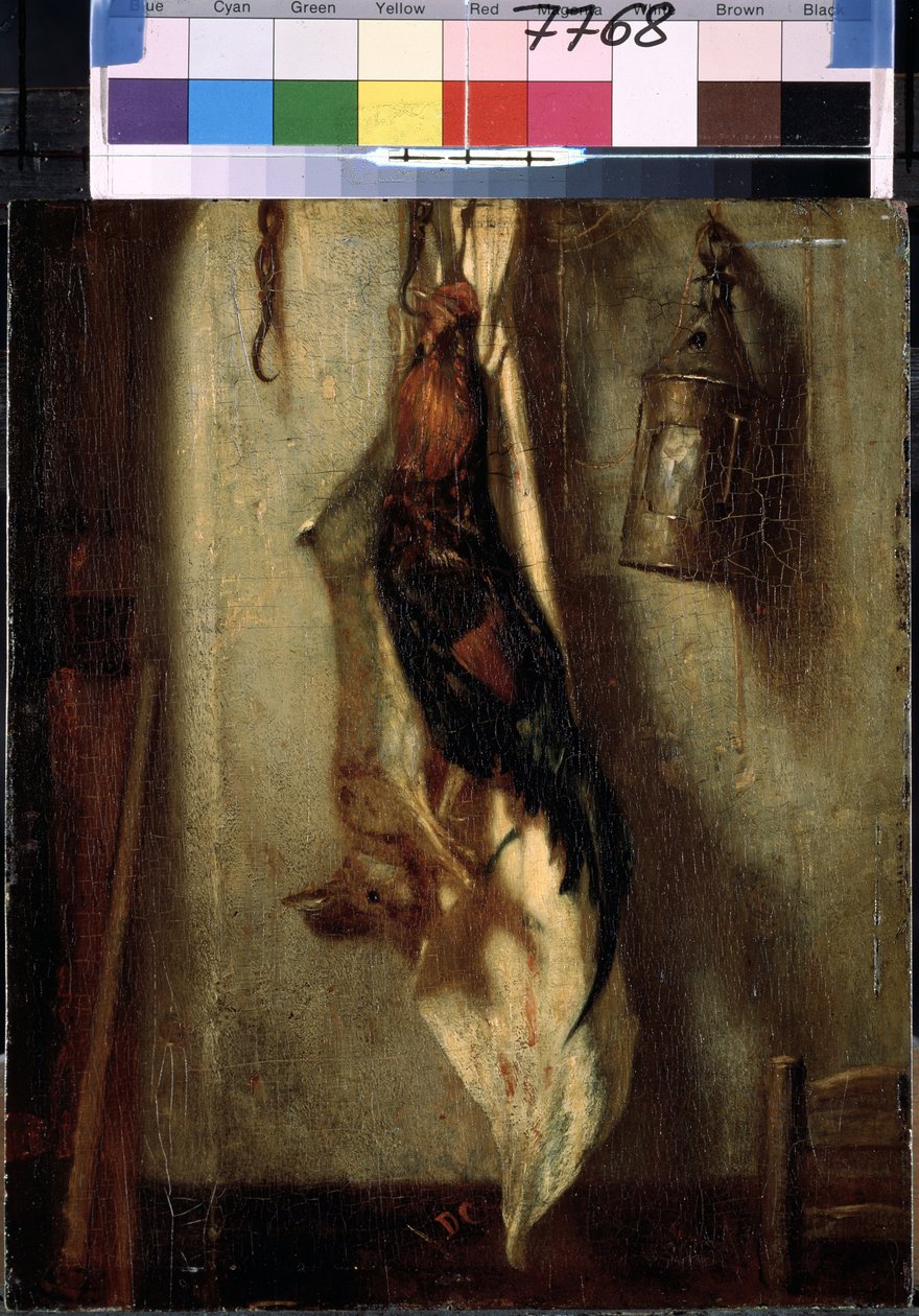 ""stilleben av hane og hare, hengende på en krok og lykt"" Maleri av Alexandre-Gabriel Decamps (Alexandre Gabriel) (1803-1860) 1800-tallet Dim. 28x24 cm Eremitagemuseet, St. Petersburg (Saint -Petersburg) av Alexandre Gabriel Decamps