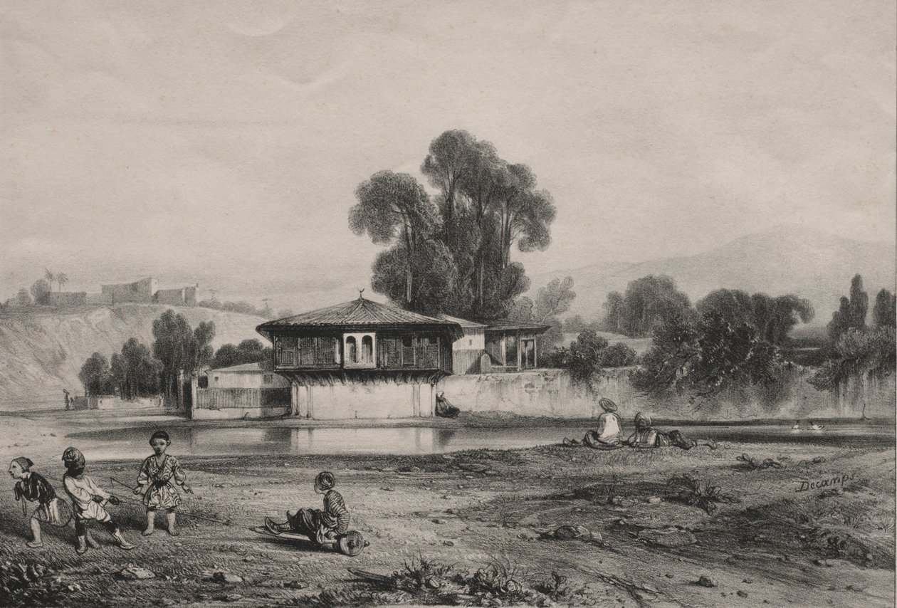Paviljong ved kanten av en elv av Alexandre Gabriel Decamps