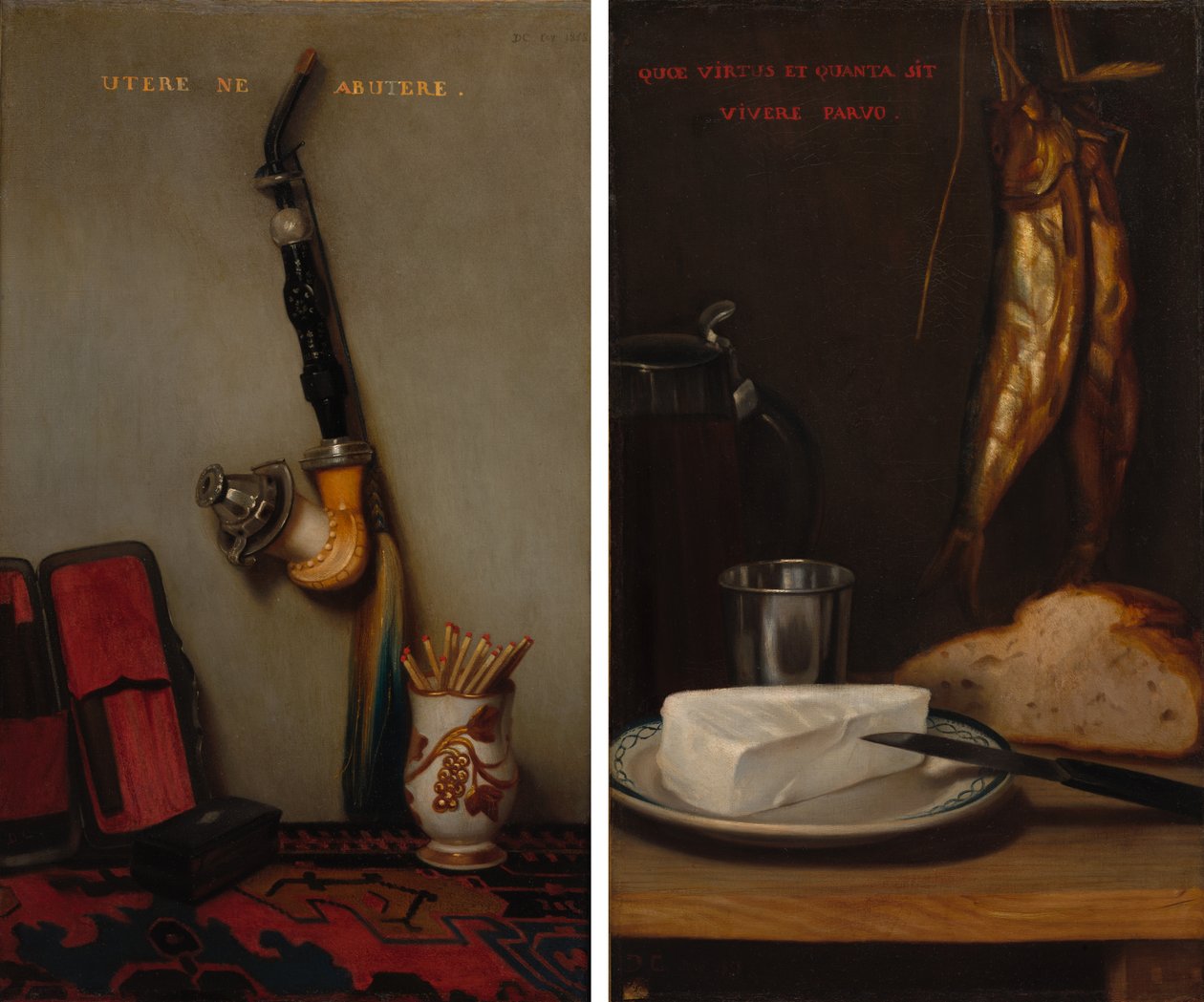 Stilleben med pipe og fyrstikker og stilleben med sild, brød og ost (par) av Alexandre Gabriel Decamps
