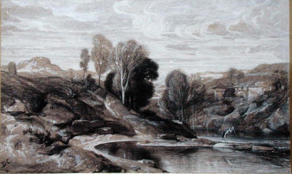 The Heron (bistre og vask på papir) av Alexandre Gabriel Decamps