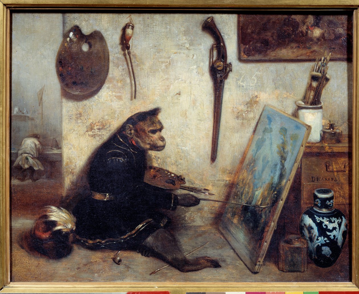 Apemalermaleriet av Alexandre Gabriel Decamps (1803-1860) 1833 Søn. 0,32x0,4 m . - Apemaleren. Maleri av Alexandre Gabriel Decamps (1803-1860) av Alexandre Gabriel Decamps