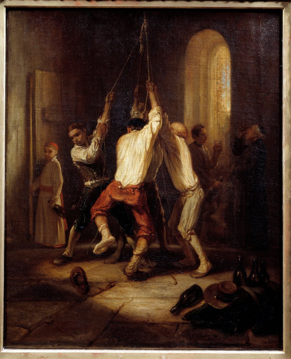Ringetonene. Menn trekker i tauet for å ringe klokkene. Maleri av Alexandre Gabriel Decamps (1803-1860) av Alexandre Gabriel Decamps