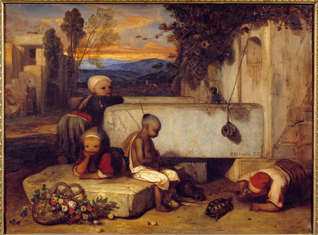 Tyrkiske barn leker med en skilpadde-maleri av Alexandre Gabriel Decamps (1803-1860) 1836 Søn. 0,72x0,91 m Chantilly, Musee Conde av Alexandre Gabriel Decamps