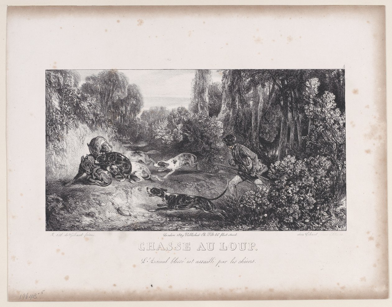 Wolf Hunt: Wounded Animal Attacked by Dogs, fra serien Hunting Scenes, 1829. av Alexandre Gabriel Decamps