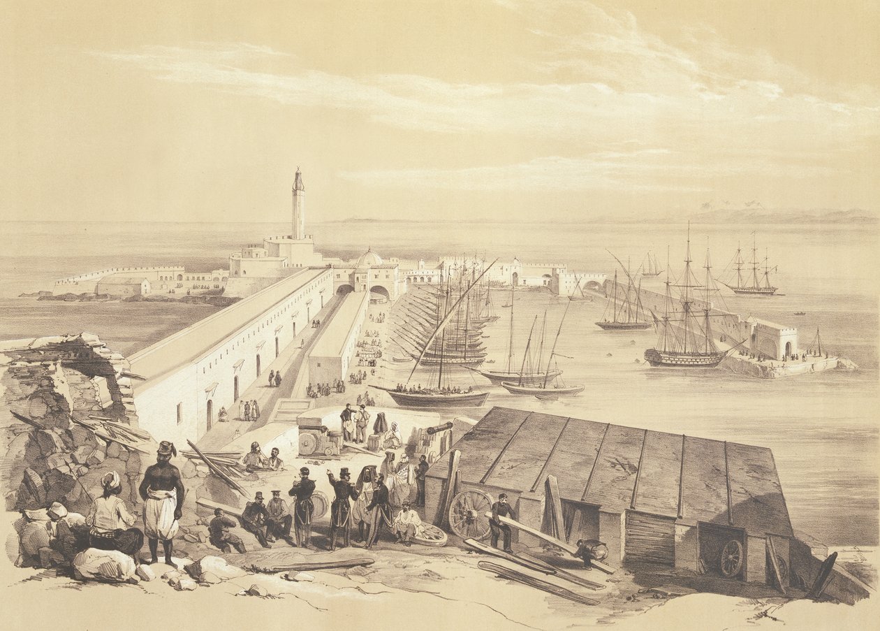 Port and Pier of Algiers, fra et bind til minne om den franske ekspedisjonsstyrken som erobret Alger i 1830, gravert av Adolphe Jean-Baptiste Bayot (1810-66) av Alexandre Genet