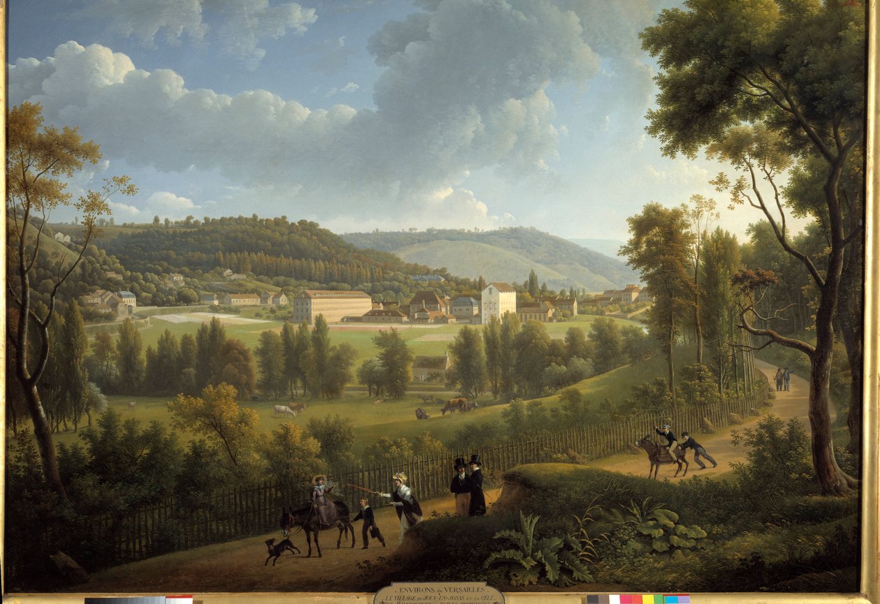 Utsikt over landsbyen Jouy en Josas (Jouy-En-Josas) med fabrikken grunnlagt i 1785 av Oberkampf (1738 - 1815). Maleri av Alexandre Dunouy (1757-1841) av Alexandre Hyacinthe Dunouy