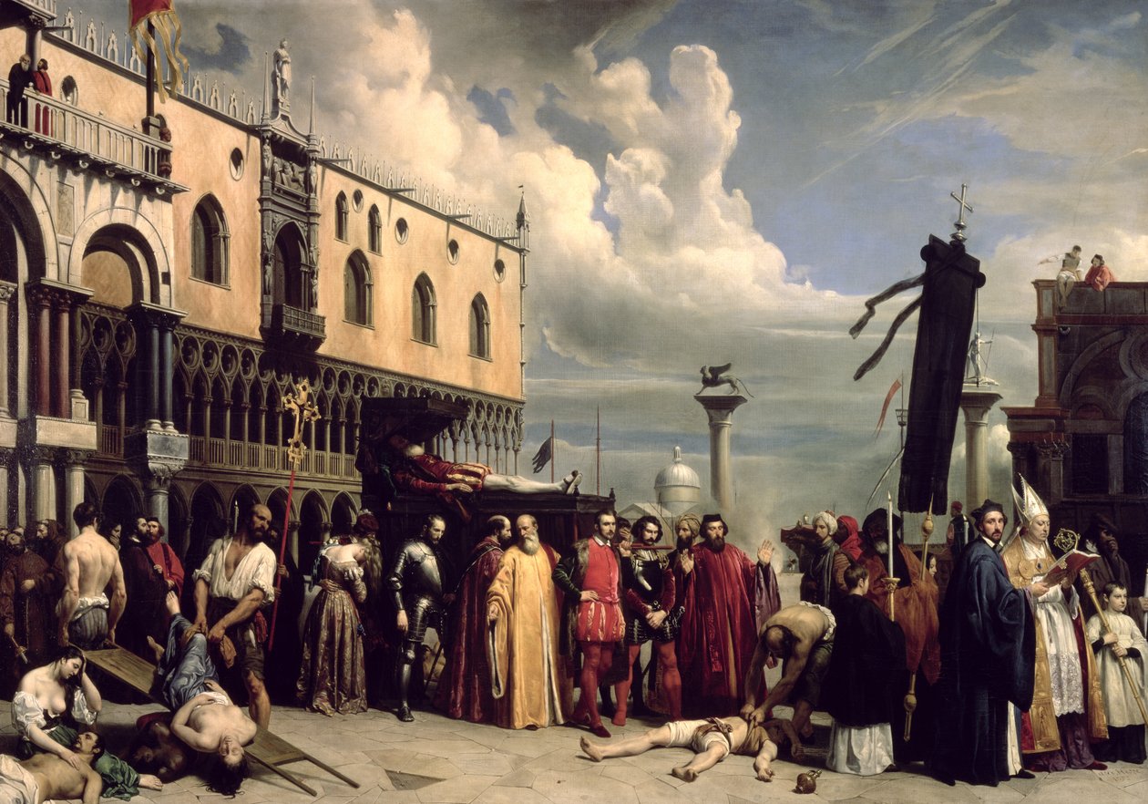 Begravelsesutmerkelser gitt til Titian som døde i Venezia i pesten i 1576, 1832 av Alexandre Jean Baptiste Hesse