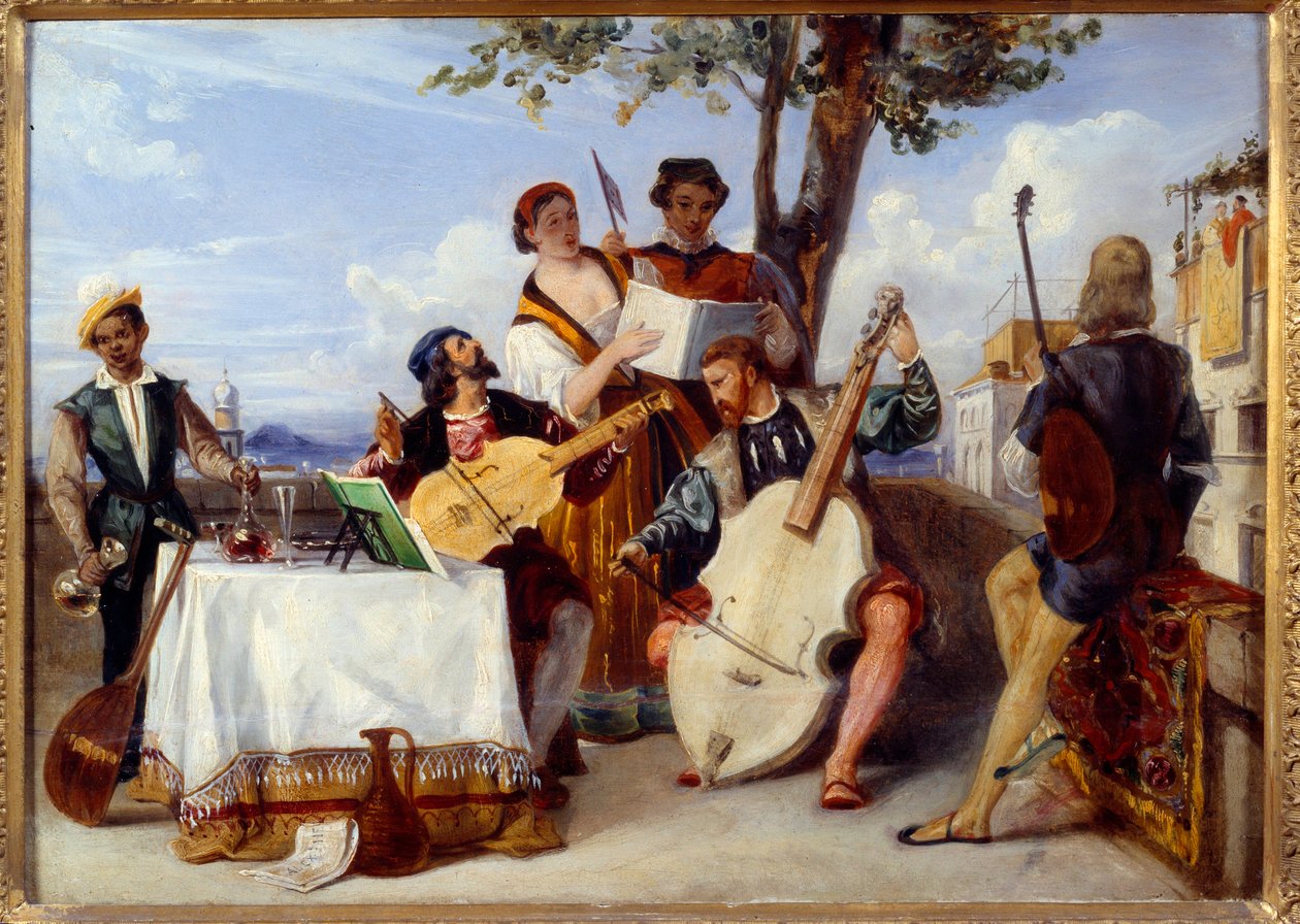 De venetianske konsertmusikerne (cello, lut, fiolin) og sangere på en terrasse serveres av en svart tjener. Maleri av Alexandre Hesse (1806-1879) Nantes fra 1800-tallet, Museum of Fine Arts av Alexandre Jean Baptiste Hesse