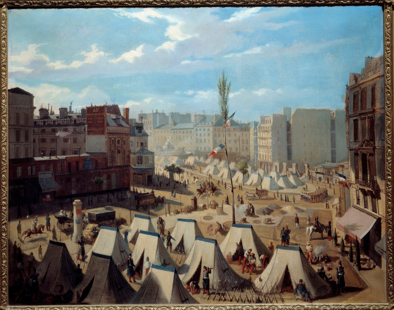 Troppeleir på Boulevard du Temple i junidagene 1848. Utsikt over Paris under revolusjonen i 1848. Maleri av Alexandre Josquin (1800-tallet). Olje på lerret. Mål: 0,64 x 0,81 m. Paris, Musee Carnavalet - Leir av tropper på Boulevarden av Alexandre Josquin