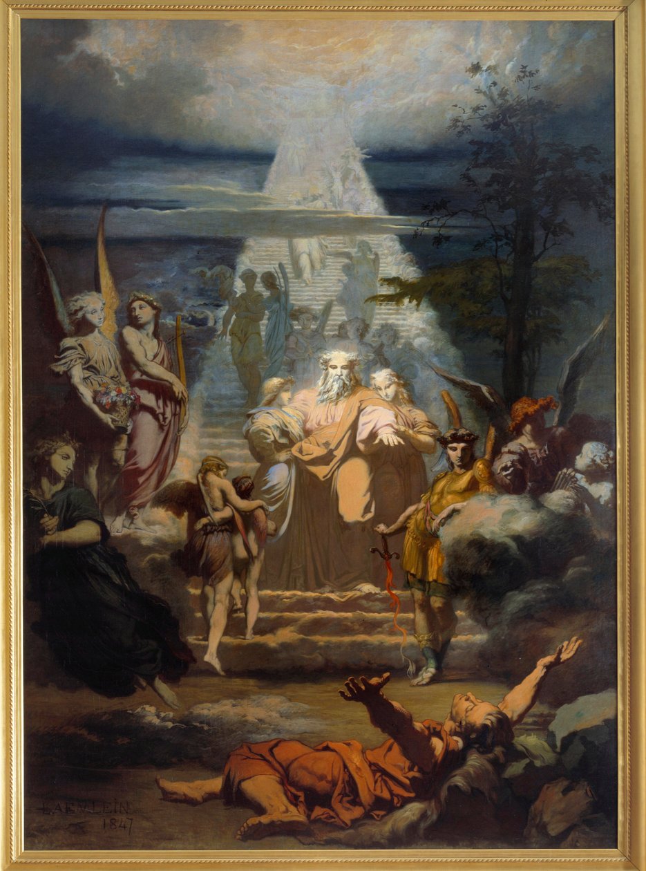 Stigen til Jakob Jakob, etter å ha forlatt landet sitt, sovnet og drømte om en stor skala. Maleri av Alexandre Laemlein (1813-1871) av Alexandre Laemlein