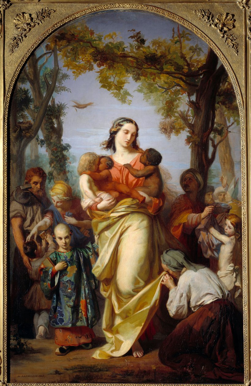 Universell veldedighet. Personifisering av veldedighet som holder de forskjellige menneskene i verden i armene. Maleri av Alexandre Laemlein (1813-1871) av Alexandre Laemlein