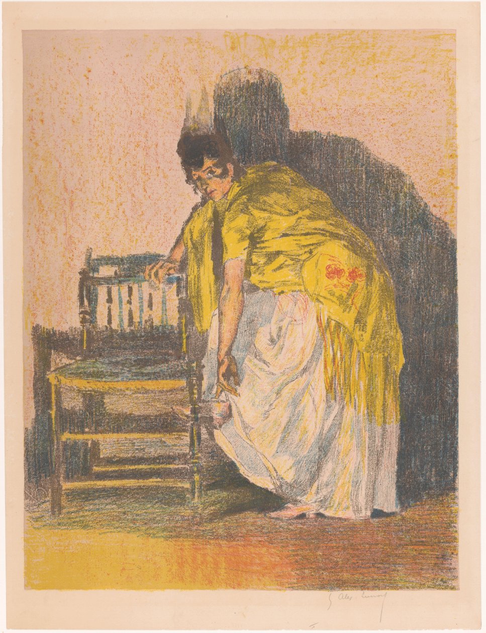 Hispanic kvinne tar på seg en sko av Alexandre Lunois (signed by artist)