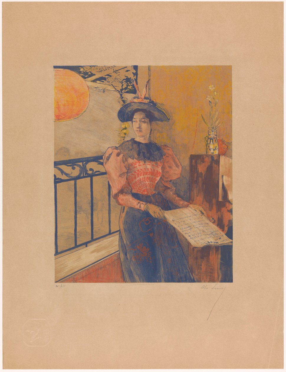 Stående kvinne med noteark i hendene av Alexandre Lunois (signed by artist)