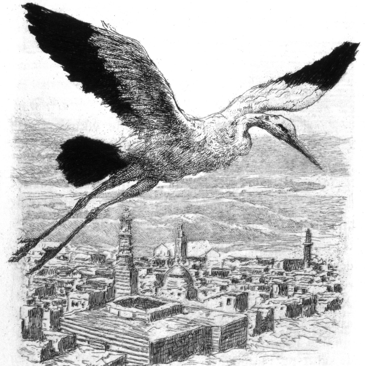 En stork som flyr over en nordafrikansk landsby av Alexandre Lunois