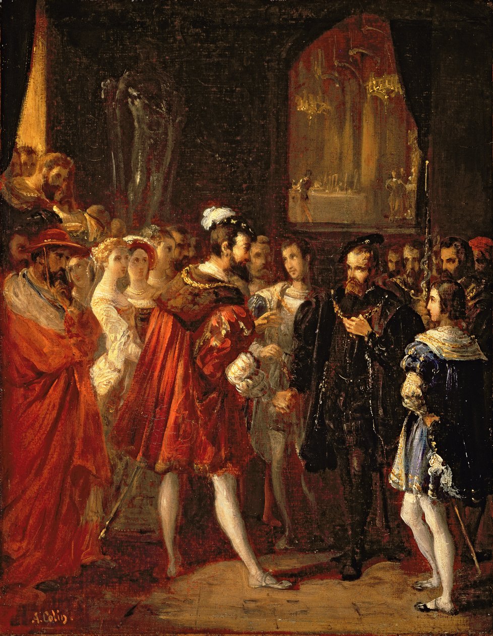 Charles V (1500-58) mottatt av Frans I (1494-1547) ved Louvre, ca. 1843 av Alexandre Marie Colin
