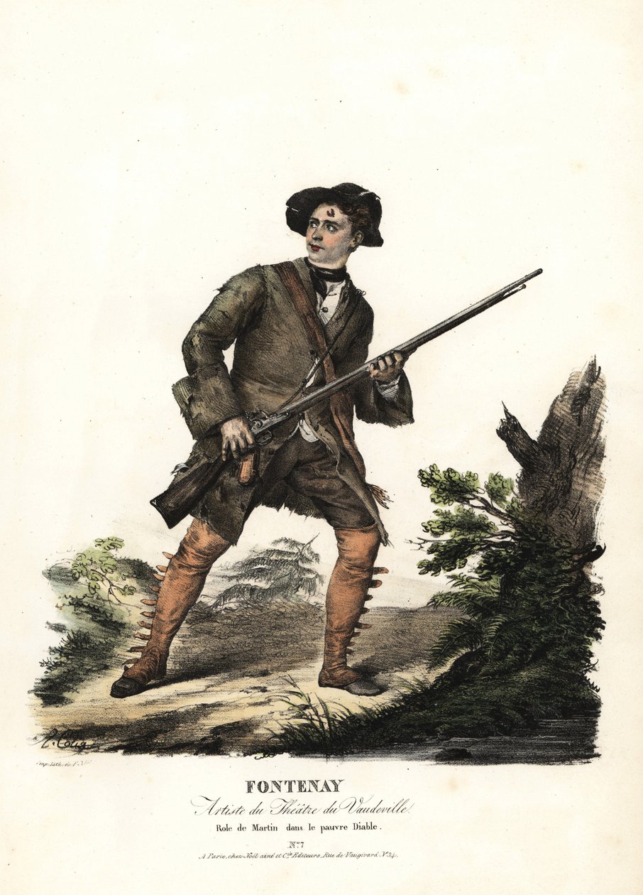 Jean-Baptiste Fontenay og Martin i Le Poor Diable av Balisson og Dumersan, Theatre du Vaudeville. Håndkolorert litografi av F. Noel etter en illustrasjon av Alexandre-Marie Colin fra portretter av skuespillerinner i forskjellige roller, F. Noel, Paris av Alexandre Marie Colin