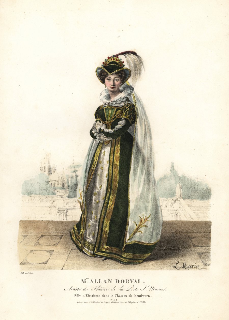 Marie Dorval eller Madame Allan Dorval som dronning Elisabeth i Le Chateau de Kenilworth av Jean-Baptiste Blache og Henri Lemaire, Theatre de la Porte St. Martin av Alexandre Marie Colin