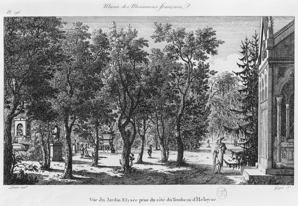Musee des Monuments Francais, Paris, utsikt over Jardin Elysee fra graven til Heloise og Abelard, gravert av Laurent Guyot (1756-1806) av Alexandre Marie Lenoir