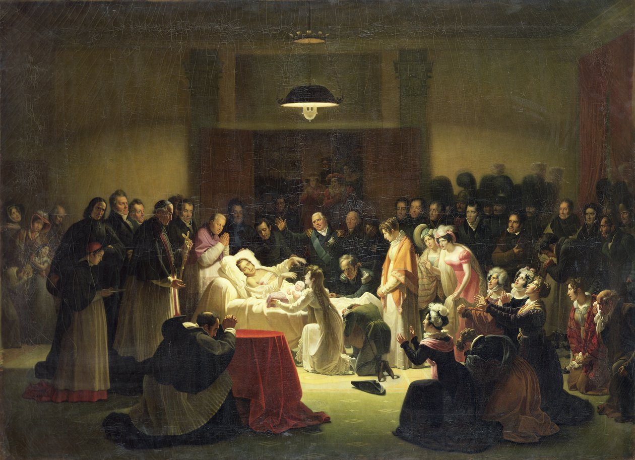 De siste øyeblikkene til Charles-Ferdinand av Frankrike (1778-1820) i administrasjonsrommet i Paris operahus, 14. februar 1820, ca. 1828 av Alexandre Menjaud