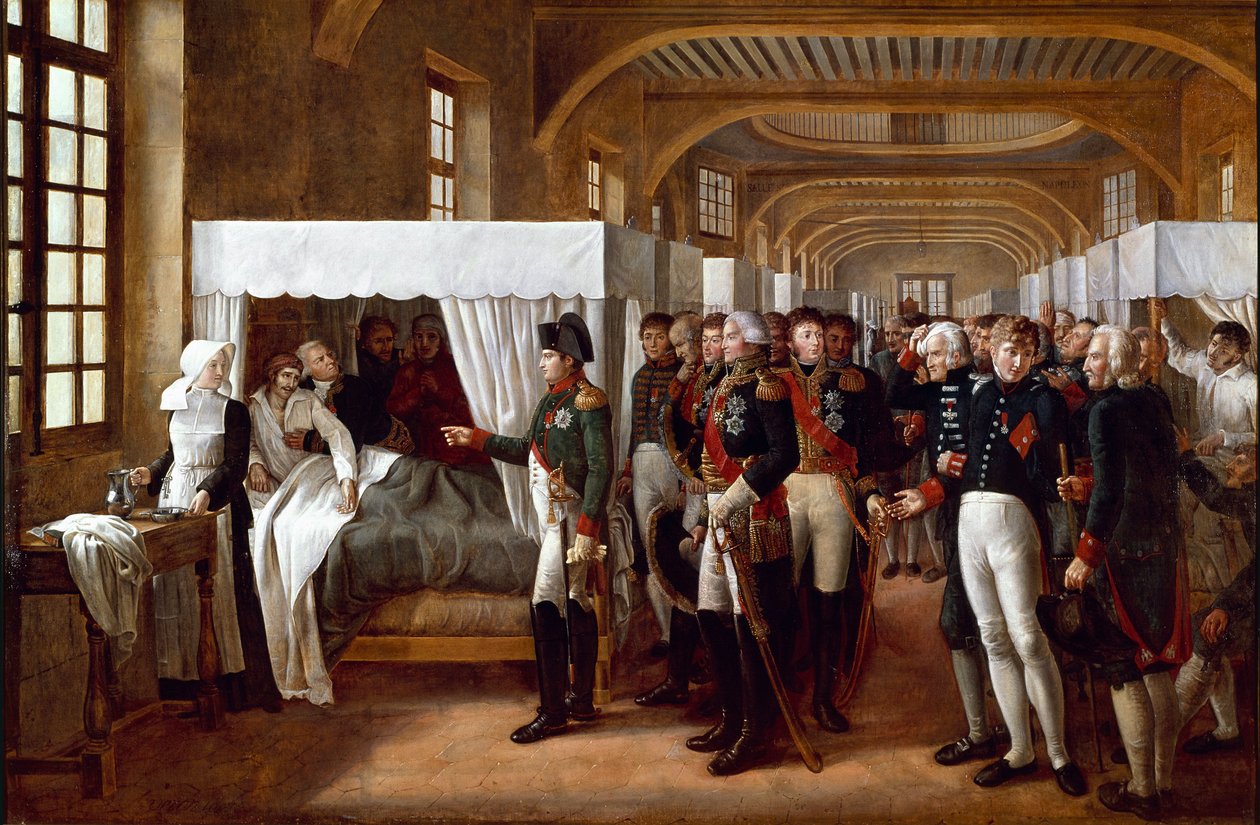 Keiser Napoleon I (1769-1821), akkompagnert av leger og generaler (marechal Jean Mathieu Philibert Serurier, guvernør for Invalides, Louis Alexandre (Louis-Alexandre) Berthier og Joachim Murat, Gerard (Geraud) Christophe Michel Duroc, stormarskalk av Alexandre Veron Bellecourt