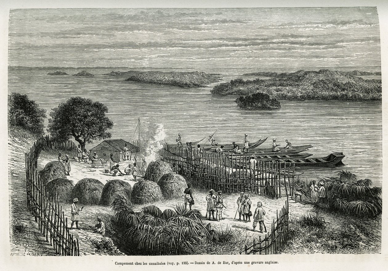 Camp styrker ekspedisjonen for å beskytte seg mot kannibalene Mouana Ntaba, nær elven Leopold (Kongo), tegnet av A.De Bar, for å illustrere historien "Across the Mysterious Continent", en reise foretatt mellom 1874-1877, av Sir H.M. Stanley. Engravin av Alexandre de (after) Bar