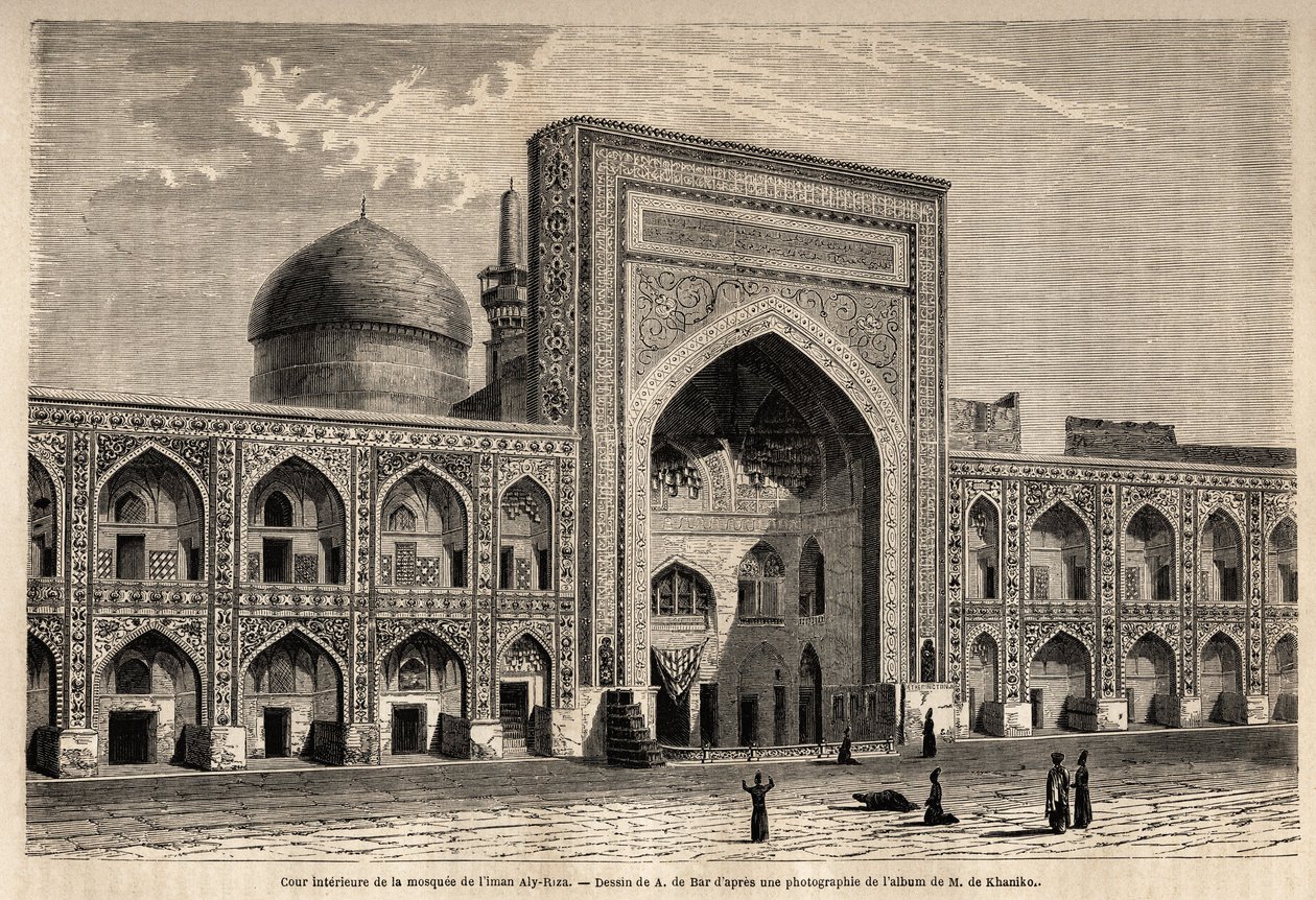 Den indre gårdsplassen til moskeen til Imam Aly Riza a Mashhad, tegning av A. de Bar, for å illustrere reisen til Khorasan (Khorasan, Chorasan eller Khurasan) i 1858, av N. de Khanikof. Gravering i “” Le tour du monde”” 1861. Selvas samling. av Alexandre de (after) Bar