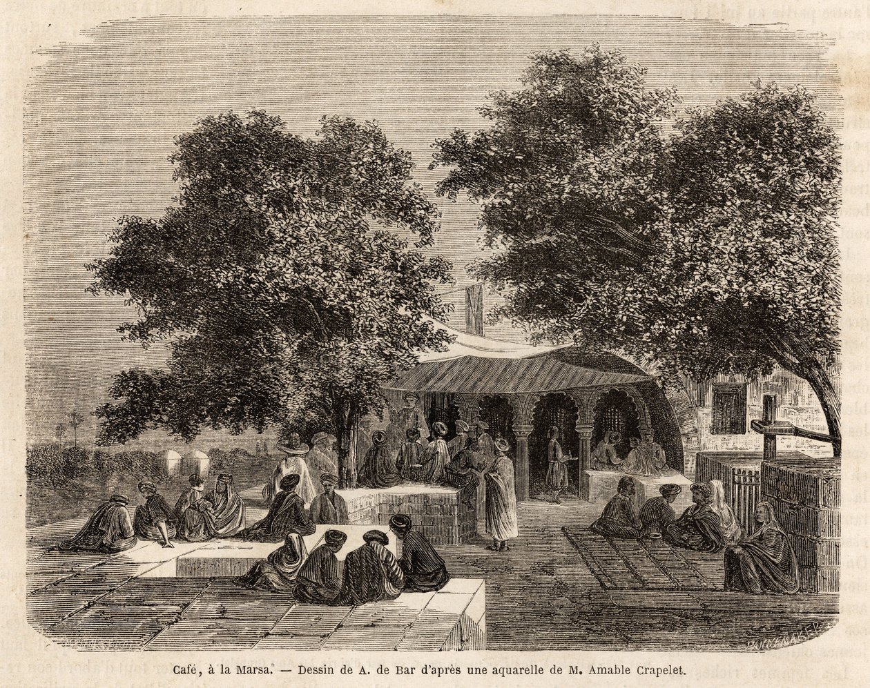 Utsikt over en kafé i La Marsa (Tunis), tegning av A.de Bar, for å illustrere en tur til Tunis, i 1859, av Amable Crapelet. Gravering i "" Le tour du monde"", redigert av Edouard Charton av Alexandre de (after) Bar
