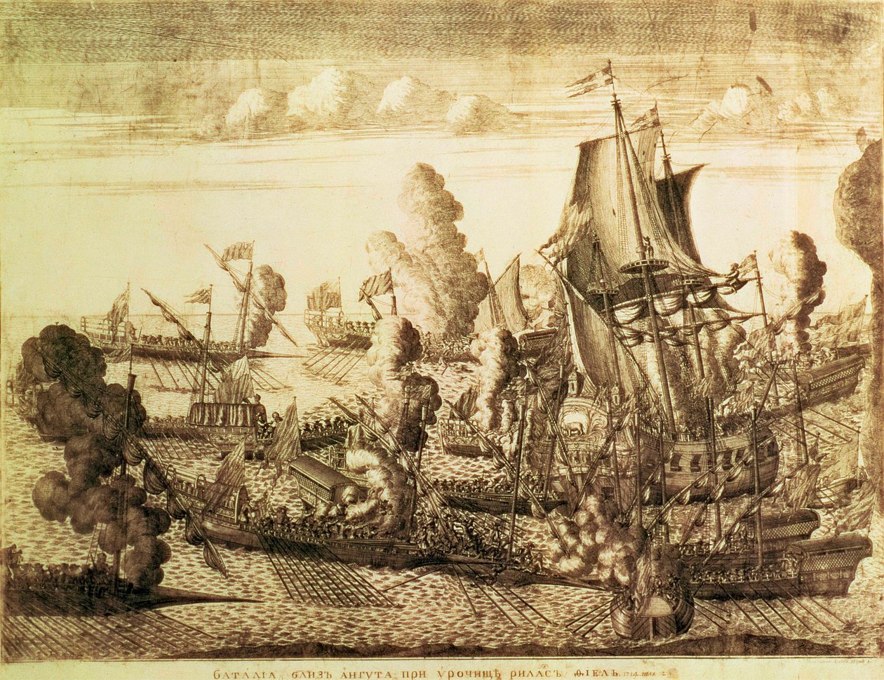 Slaget ved Cape Gangut (Hanko) 25. juli 1714, 1715 (etsing med gravering) av Alexei Fyodorovich Zubov