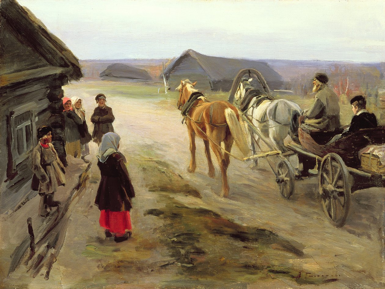 Ankomst av en skole-elskerinne på landet, ca. 1908-14 av Alexei Steipanovitch Stepanov