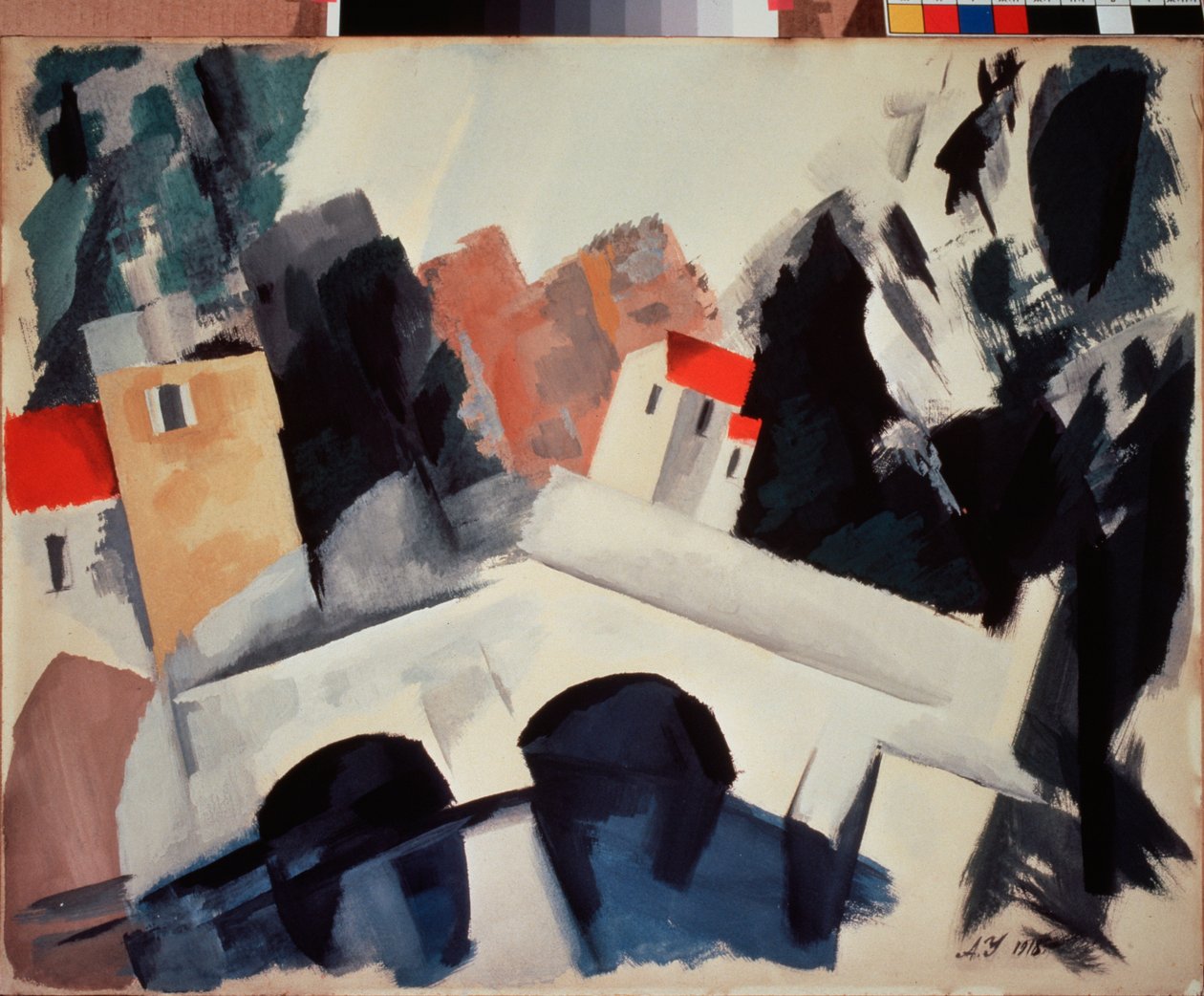 Un pont (En bro) - Verk av Alexei Alexandrovich Uspenski (1892-1941), gouache på papir av Alexei Alexandrovich Uspenski