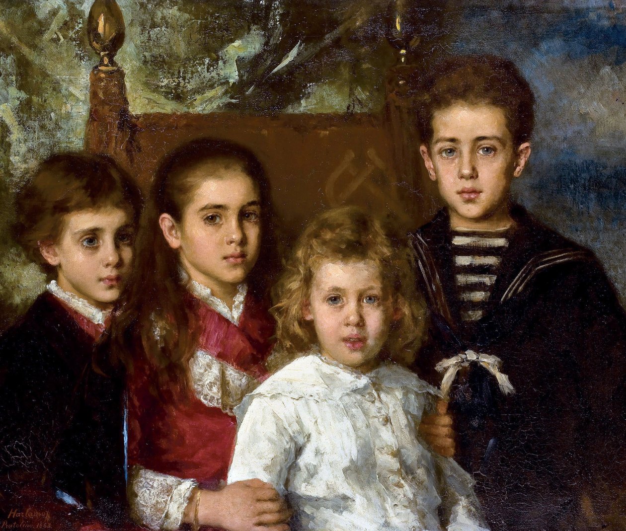 Portrett av barna til Paul Pavlovich Demidoff, 2. prins av San Donato (1839-1885), Aurore Anatol, Maria og Pavel - Peinture de Alexei Alexeyevich Harlamov (1840-1922) - 1883 - Olje på lerret - 76,5x90 - Privat samling av Alexei Alexevich Harlamoff