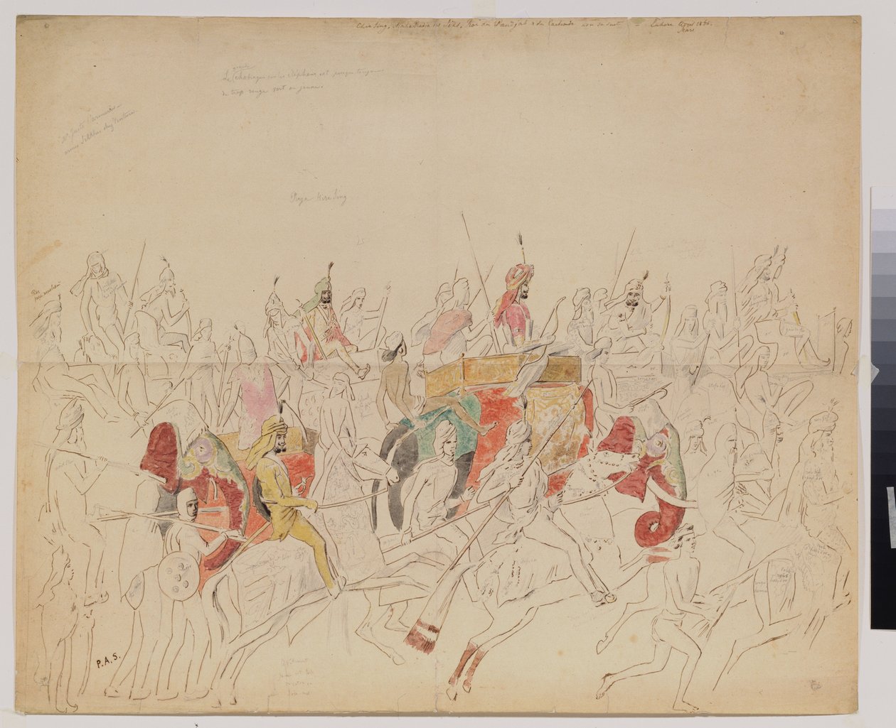 Maharaja Sher Singh (1807-1843) fra Punjab (India) og hoffet hans. Verk av Alexei Dmitrievich Saltykov (1806-1859), akvarellblyant og blekk på papir av Alexei Dmitrievich Saltykov