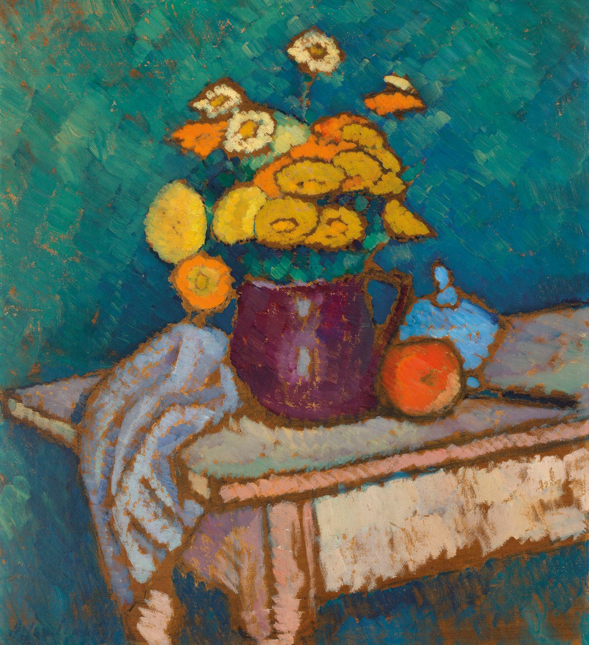 Stilleben med klede, blomster i kanne og eple, 1909-1910. av Alexei Javlensky von