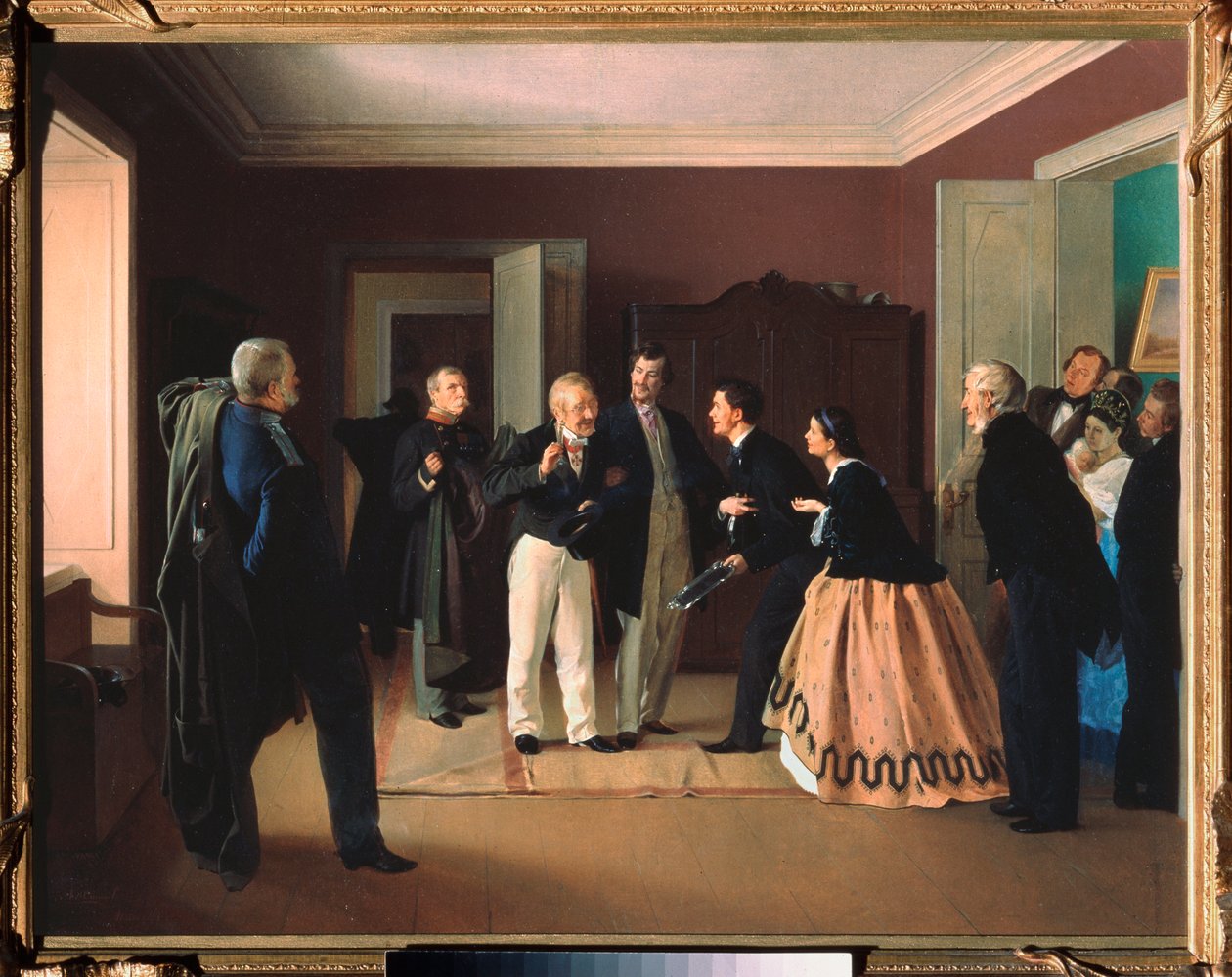 Resignation of the Chief - Maleri av Alexei Lukich Yushanov (1840-etter 1866), olje på lerret av Alexei Lukich Yushanov