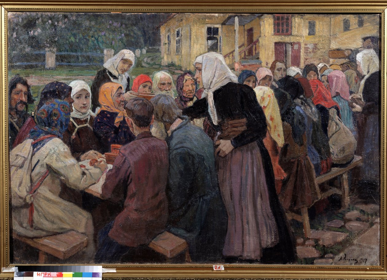 Måltidet. Et langbord dekket i hagen, for å servere lunsj til en mengde mennesker, kvinnene på vakt har på seg hvitt tørkle. Maleri av Alexei Mikhaylovich Korin (Korine) (1865-1923), olje på lerret av Alexei Mikhailovich Korin