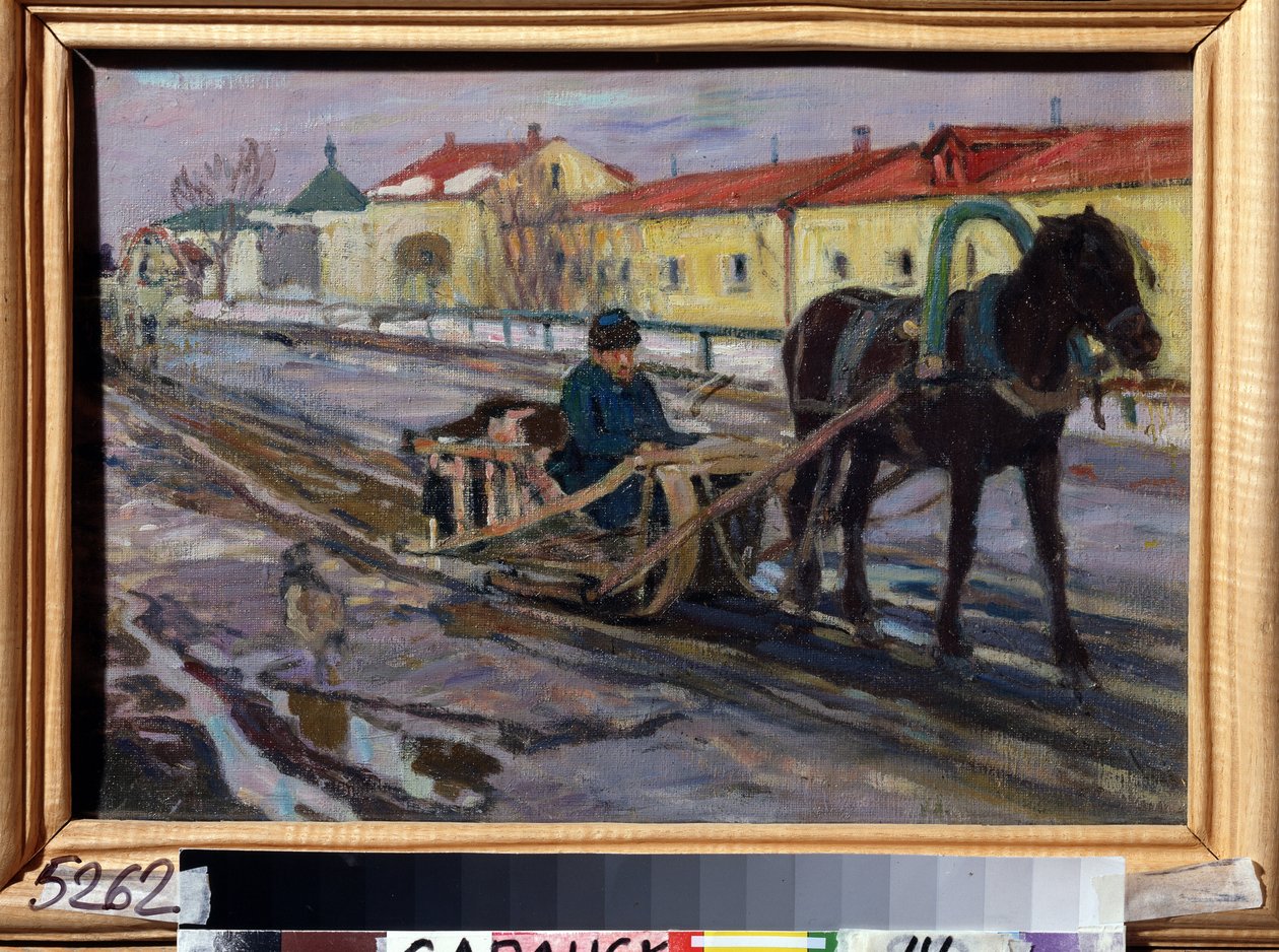 Hesteslede (Sledetur). I gaten til en russisk landsby, om vinteren, kjører en mann et lag. Maleri av Alexei Mikhaylovich Korin (Korine) (1865-1923), olje på lerret av Alexei Mikhailovich Korin