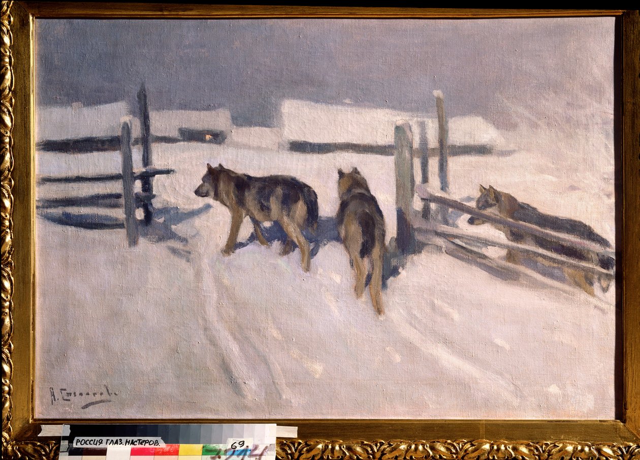 Ulver, vinternatt (Wolfs, Winter Night) - Maleri av Alexei Stepanovich Stepanov (1858-1923), olje på lerret, cirka 1910, russisk kunst, tidlig på 1900-tallet - Privat samling av Alexei Steipanovitch Stepanov