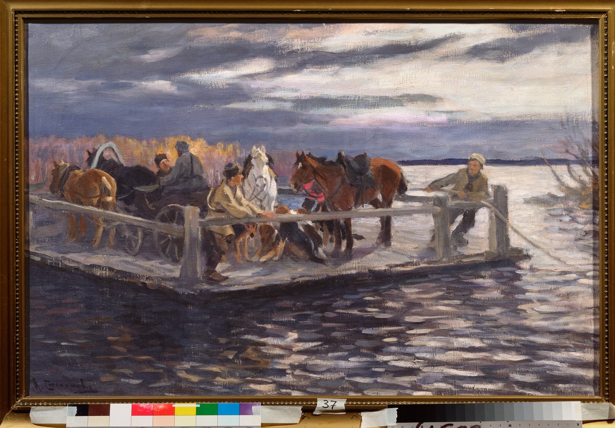 Un vat (A Ferry) - Maleri av Alexei Stepanovich Stepanov (1858-1923), olje på lerret, cirka 1900 - Russisk kunst, tidlig på 1900-tallet - Statens friluftsmuseum Rostov Kreml, Rostov (Russland) av Alexei Steipanovitch Stepanov