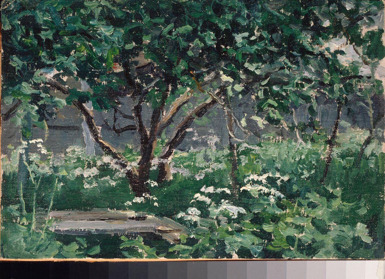 Et hjørne av hagen - Verk av Alexei Stepanovich Stepanov (1858-1923), olje på papp av Alexei Steipanovitch Stepanov
