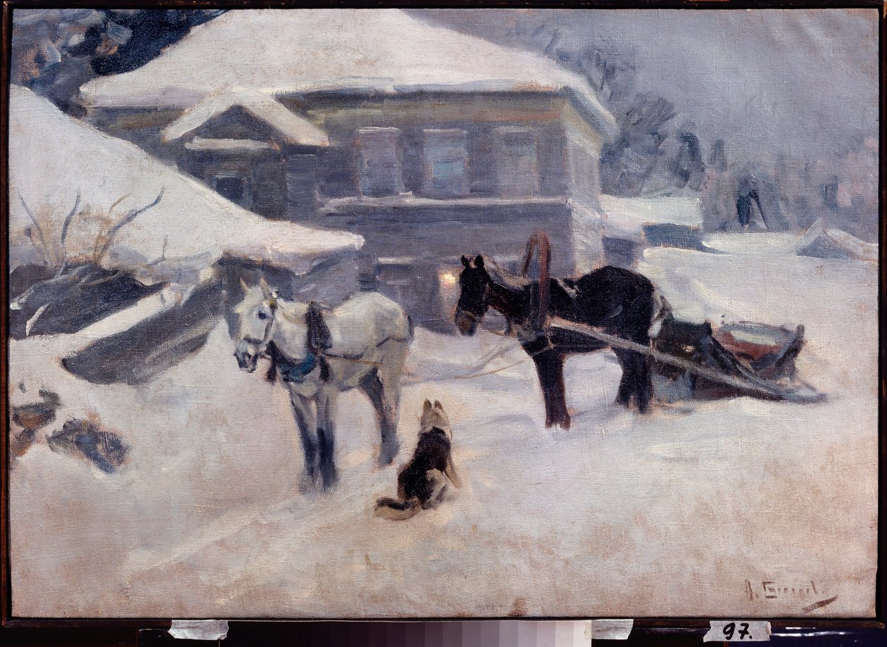 A Country Hotel - Maleri av Alexei Stepanovich Stepanov (1858-1923), olje på lerret, russisk kunst fra slutten av 1800-begynnelsen av 1900-tallet, landskap - M Tuganov Art Museum of the North Ossetian, Vladikavkaz (Russland) av Alexei Steipanovitch Stepanov