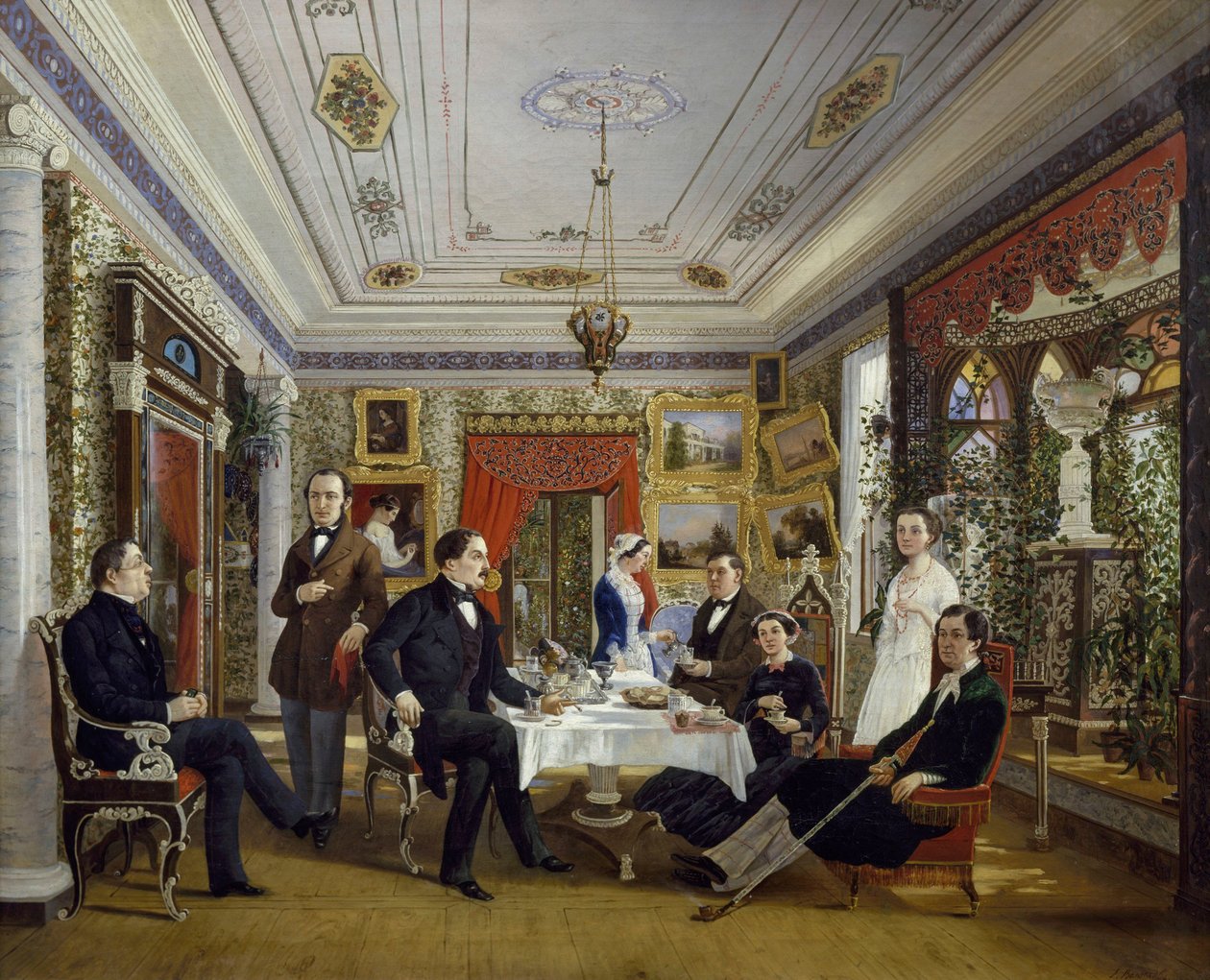 Tarnovskj-familien drikker te ved bordet av Alexei Yakovlevich Voloskov
