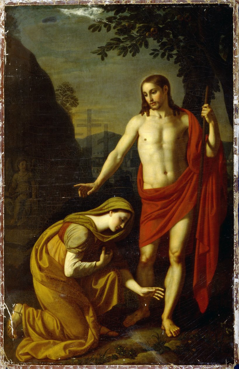 Noli Me Tangere. (Ikke rør meg). Ord fra Jesus under hans oppstandelse, adressert til Maria de Magdala (Mary Magdalene), i bakgrunnen, torturkorsene på Golgata-fjellet. Maleri av Alexei Yegorovich Yegorov (1776-1851), olje på lerret av Alexei Yegorovich Yegorov