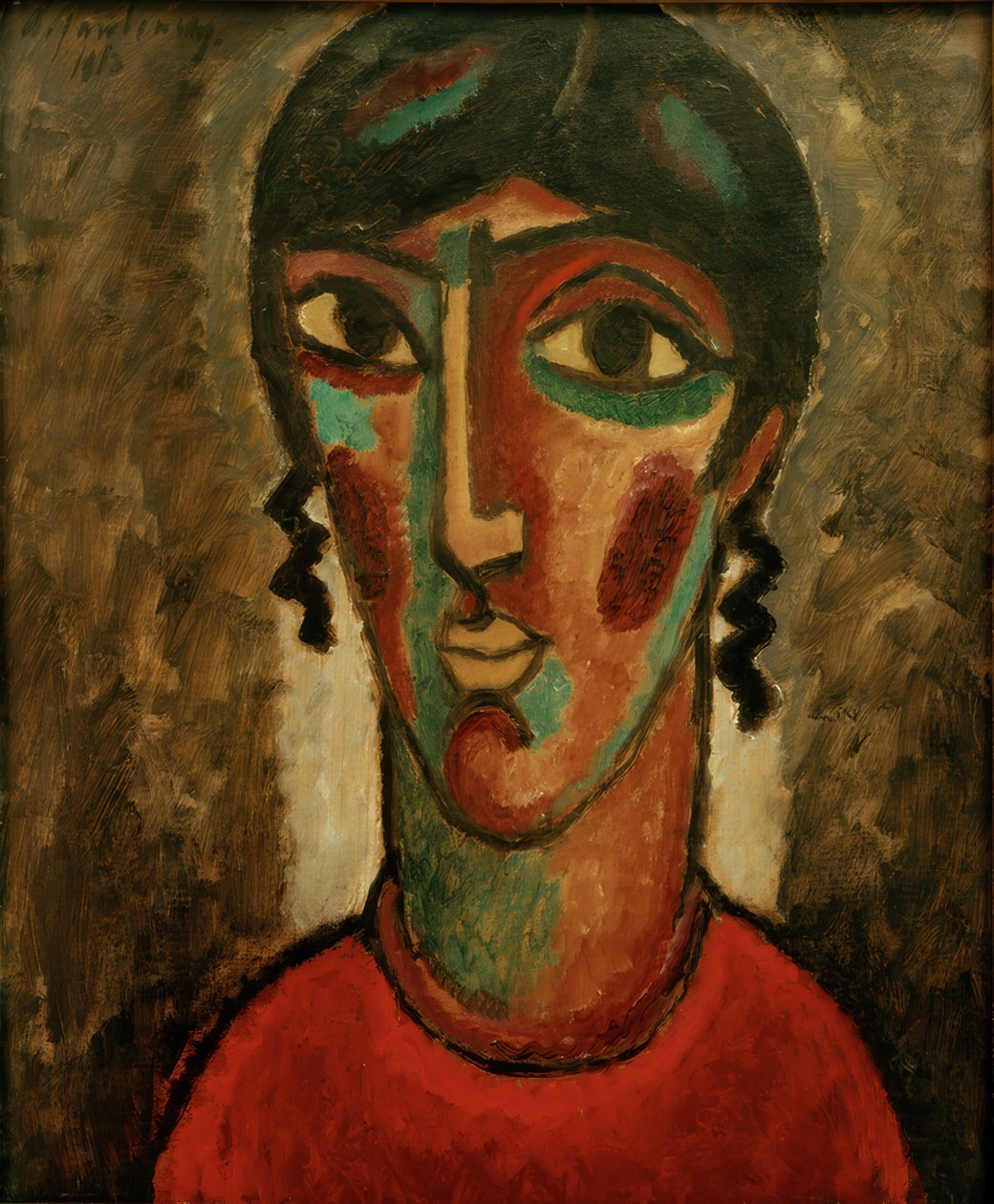 Spansk kvinne (hodet til en kvinne mot grå bakgrunn) av Alexej von Jawlensky
