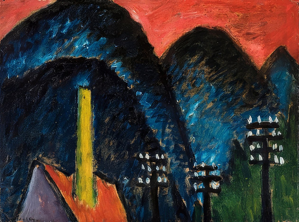 Blå fjell (landskap med gul skorstein). 1912 av Alexej von Jawlensky